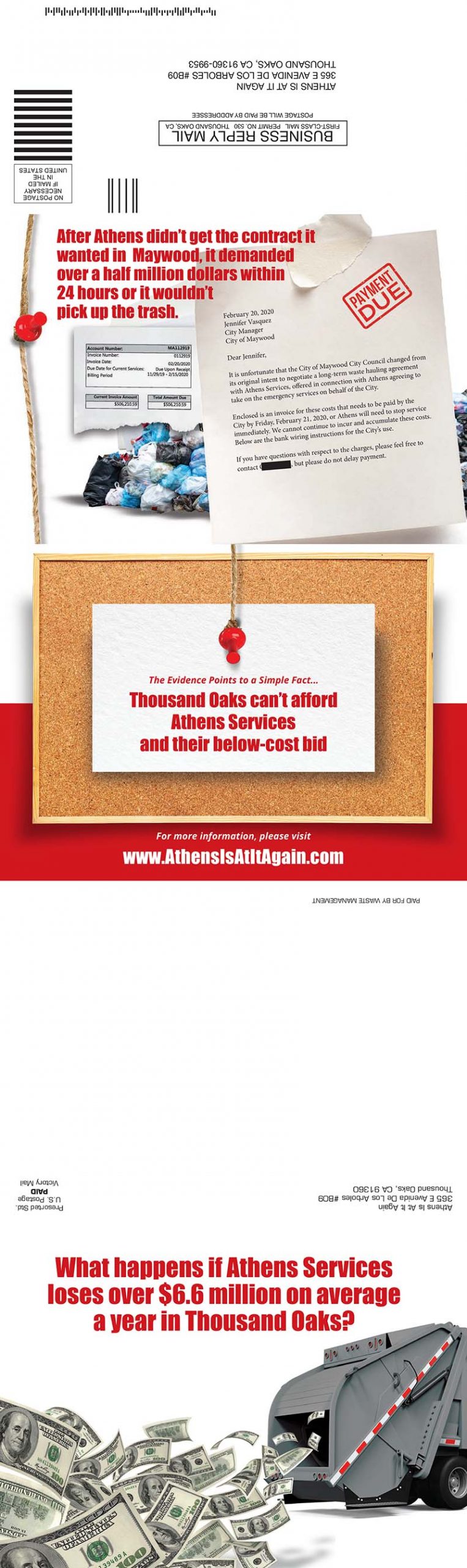 Direct mail piece covering Athens Services' polices and rate hikes