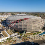 October 2024, Inglewood CA: Aerial view of Intuit Dome in Inglewood, California. This new stadium is currently home to the NBA's Los Angeles Clippers. FAA approval was acquired for this operation in restricted airspace.